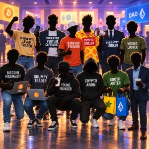 different characters in a crypto conference